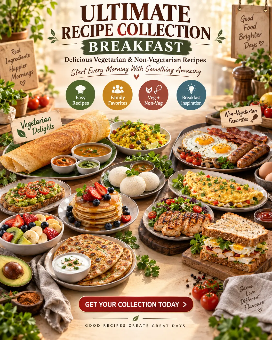 Ultimate Recipe Collection โ Breakfast, shown with a spread of vegetarian and non-vegetarian breakfast dishes